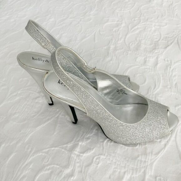 Kelly & Katie Silver Glitter Sparkle Peep Toe Sling Back Platform Heels Size 8.5 - Picture 4 of 6